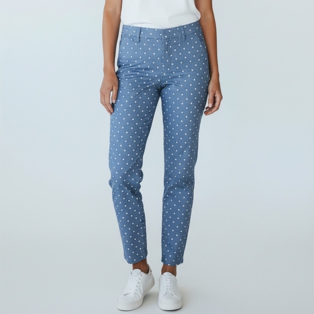 J Crew City Fit Chambray Blue White Polka Dot Ankle Skimmer Pants Womens 2